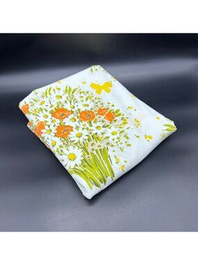 Vintage Full Flat Sheet Floral Daisy Butterfly Orange Yellow USA Flower Power